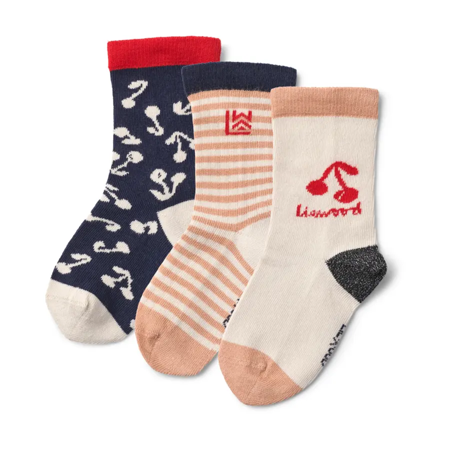 Liewood Silas Kindersocken „Cherry blossom / Classic navy“, 3er-Pack