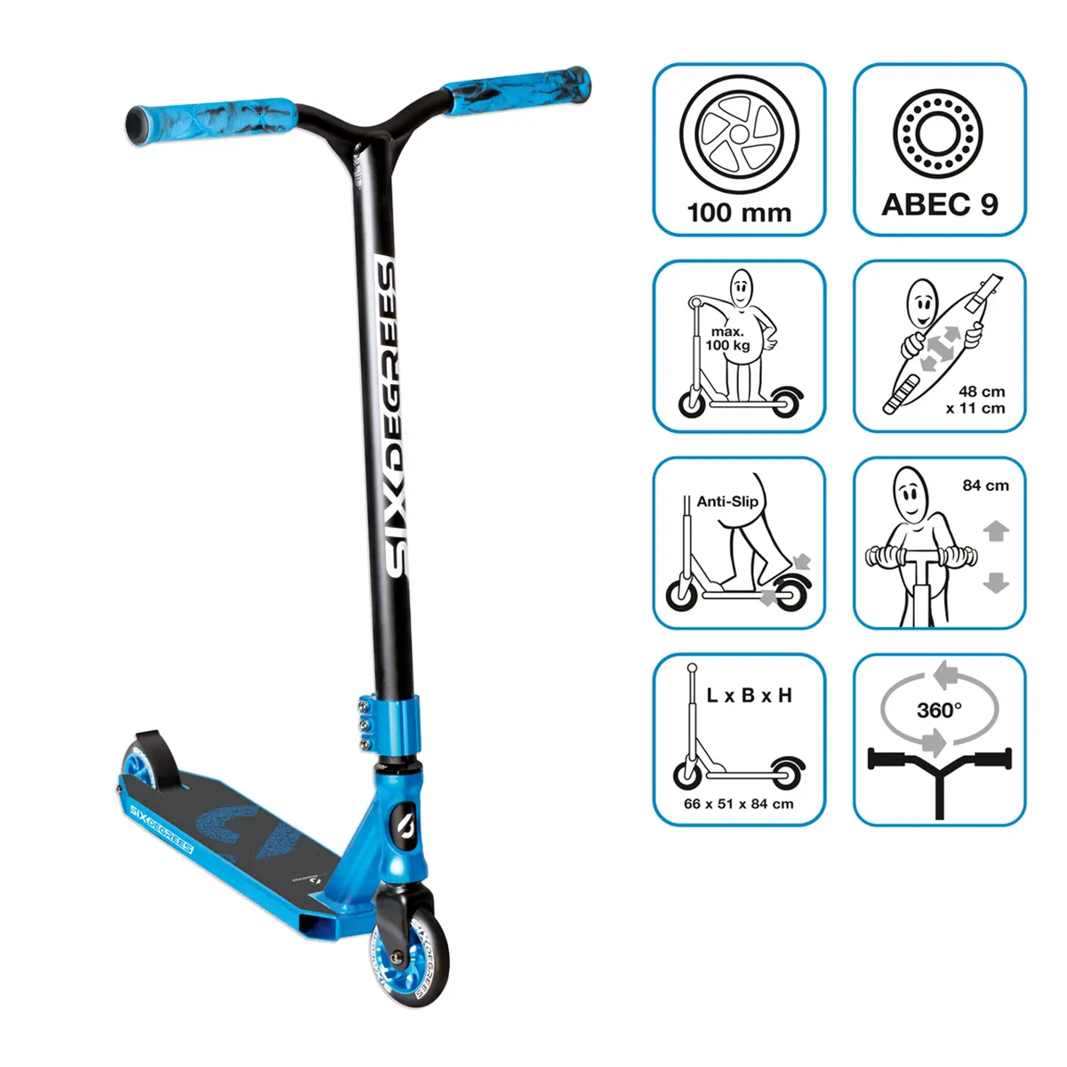 Six Degrees Aluminium Stuntscooter 100 mm – Blau 01