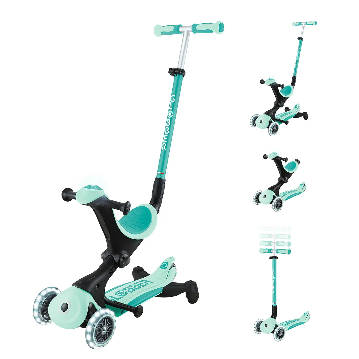 Globber 3-in-1 Roller Go-Up Deluxe Lights 360 Grad mit Leuchtrollen – Mint, Hinterradlenkung, 15M-9J