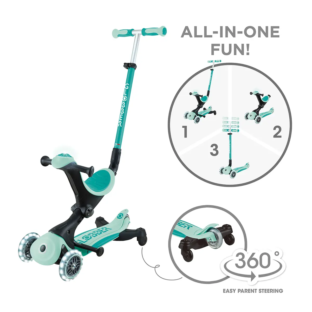 Globber 3-in-1 Roller Go-Up Deluxe Lights 360 Grad mit Leuchtrollen – Mint, Hinterradlenkung, 15M-9J