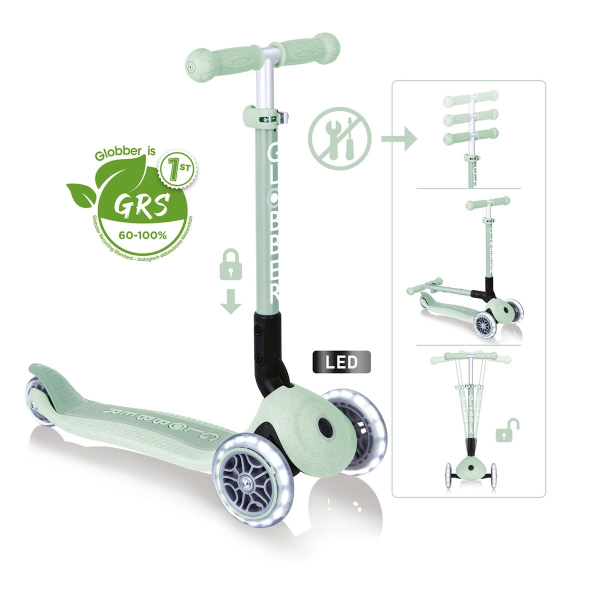 Globber Roller Junior Foldable Lights ECO mit Leuchtrollen – pistazie