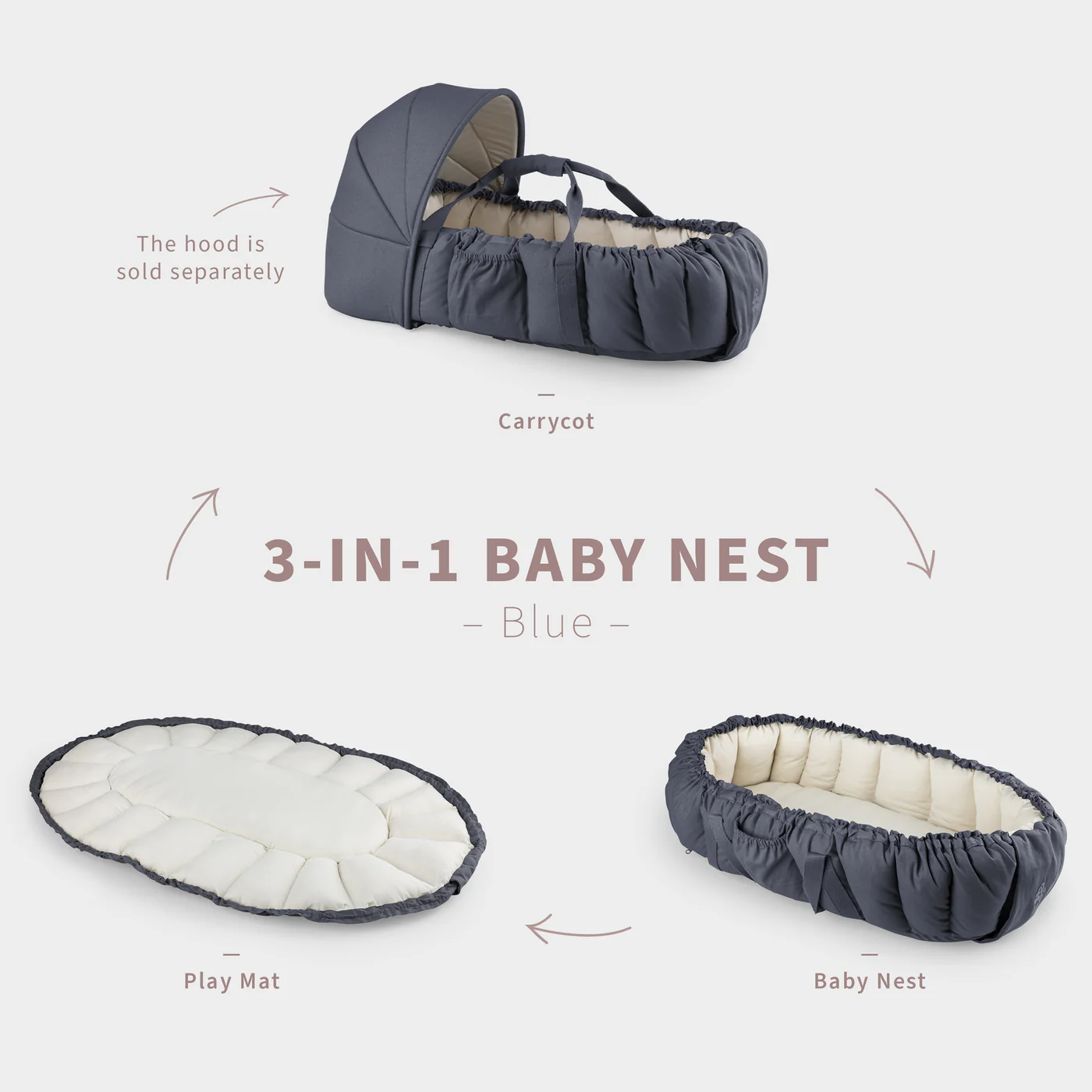 Sebra 3-in-1 Baby Nestchen „Blue“, Bio-Kapokfüllung, L72cm
