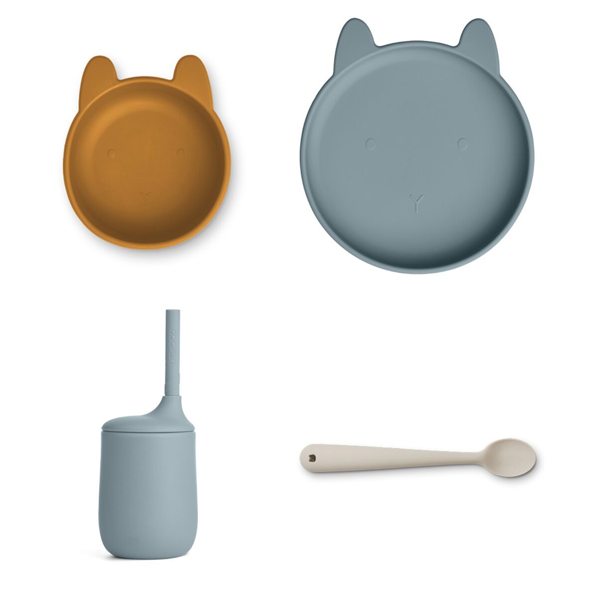 Liewood Cathy Babygeschirr-Set „Rabbit : Whale blue multi mix“, 5-teilig, Silikon
