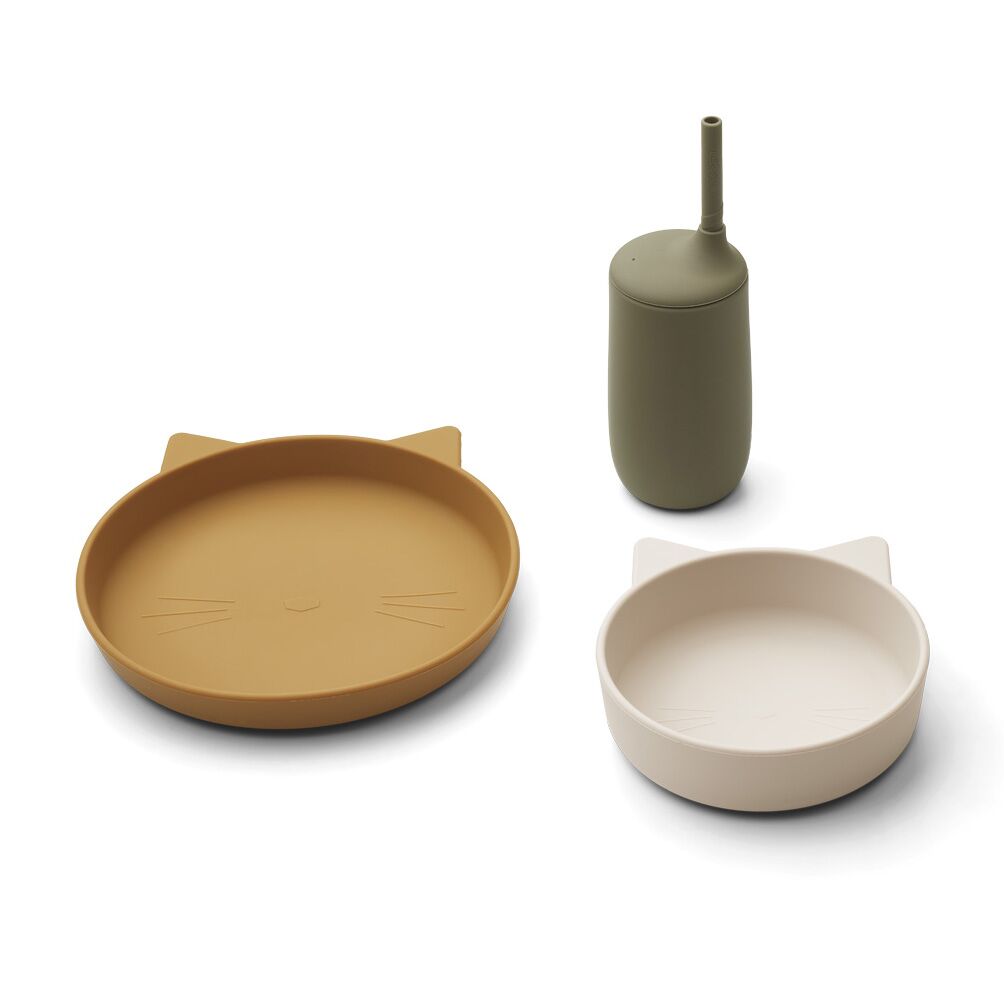Liewood Nathan Silikon Geschirr-Set Junior „Cat khaki multi mix“, 4er-Set