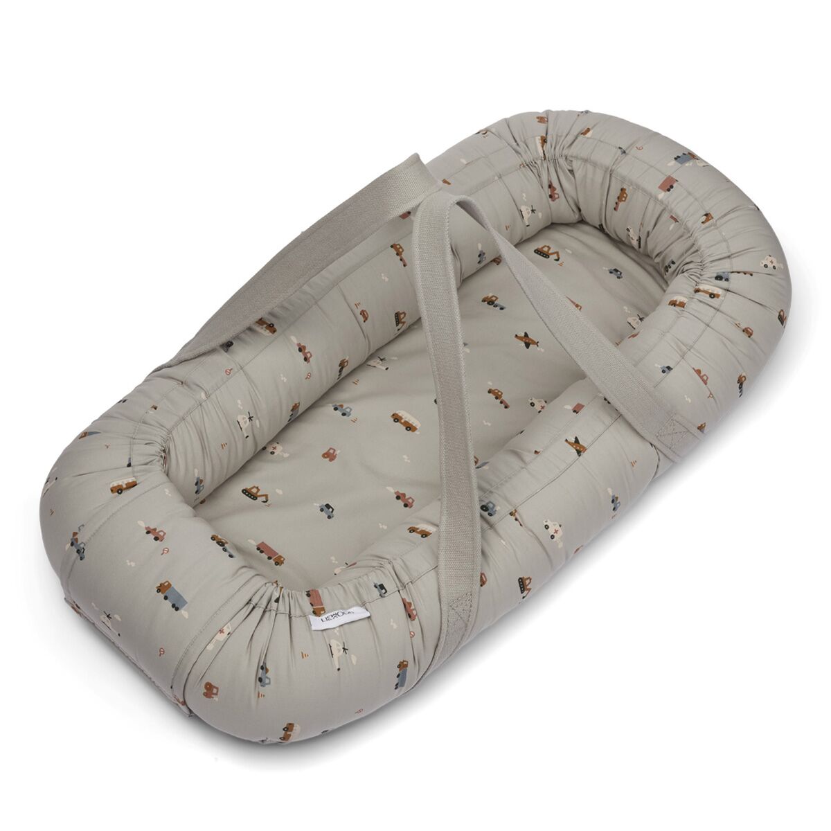Liewood Gro Babylift / Babynest „Vehicles dove blue mix“, Bio-Baumwolle