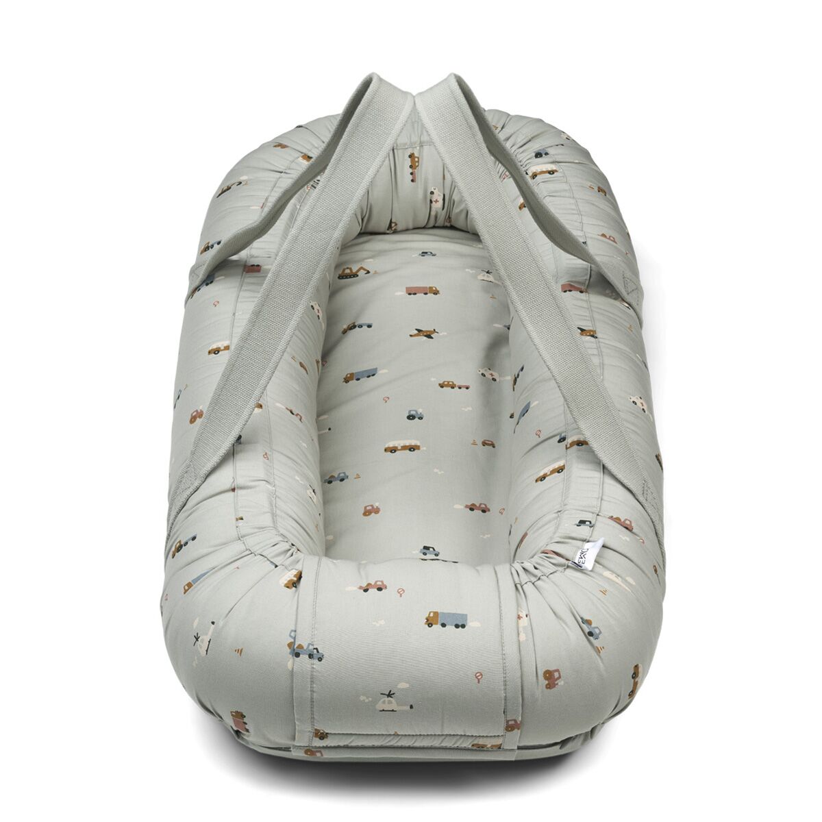Liewood Gro Babylift / Babynest „Vehicles dove blue mix“, Bio-Baumwolle