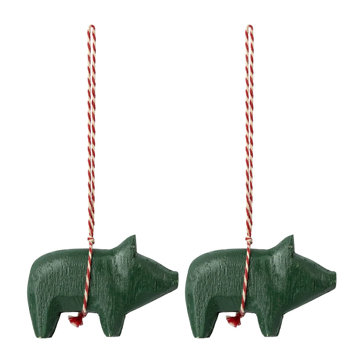 Maileg Weihnachtsbaumschmuck 2er-Set Holzschwein „dunkelgrün“