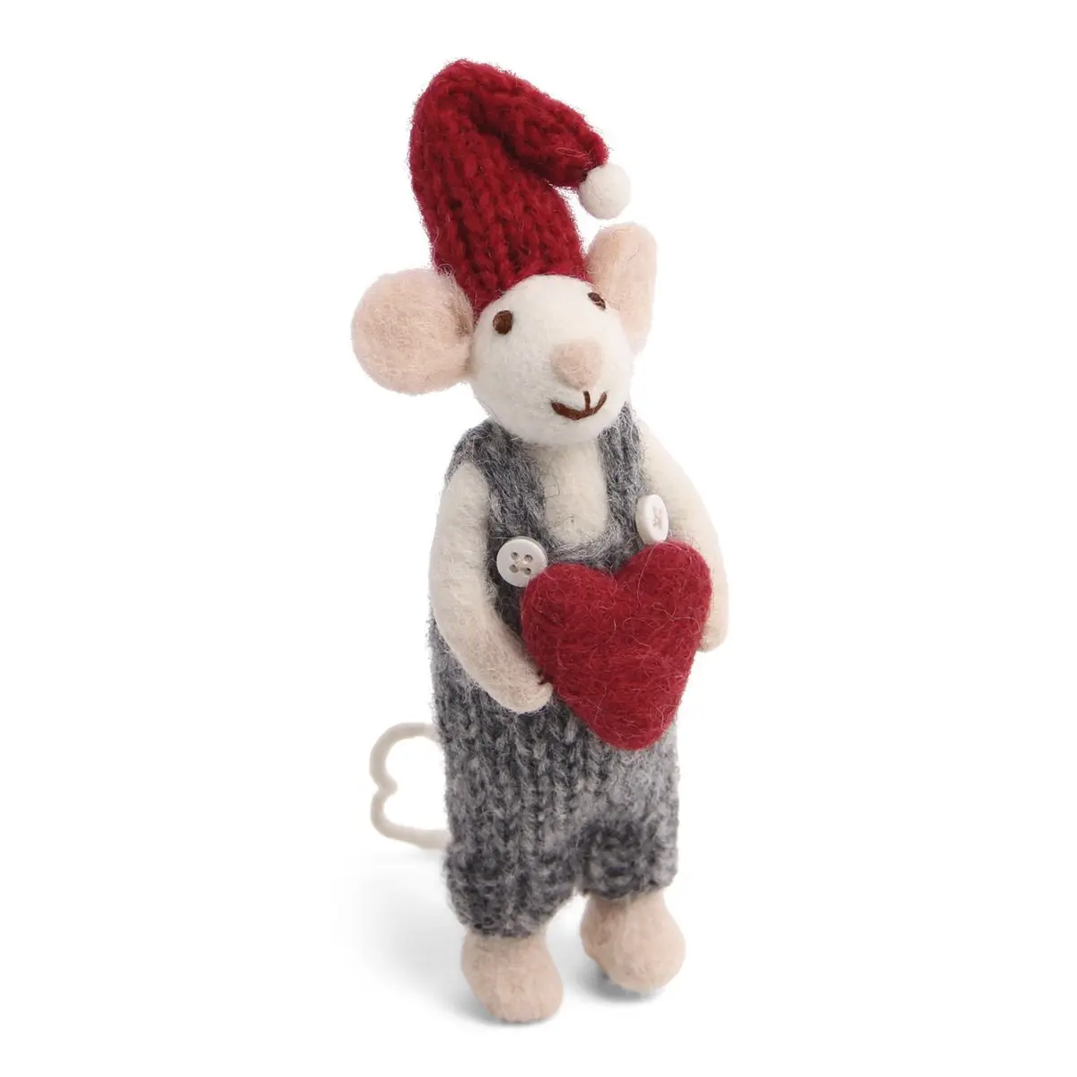 Gry & Sif Weihnachtsmaus „graue Maus / Junge mit Herz und grauer Latzhose“ 12cm
