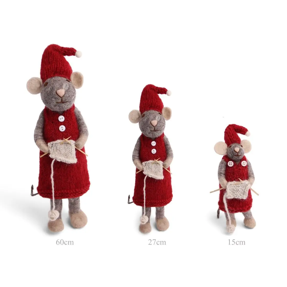 Gry & Sif Weihnachtsmaus „graue Maus / Strickzeug und rotes Kleid“ 12cm