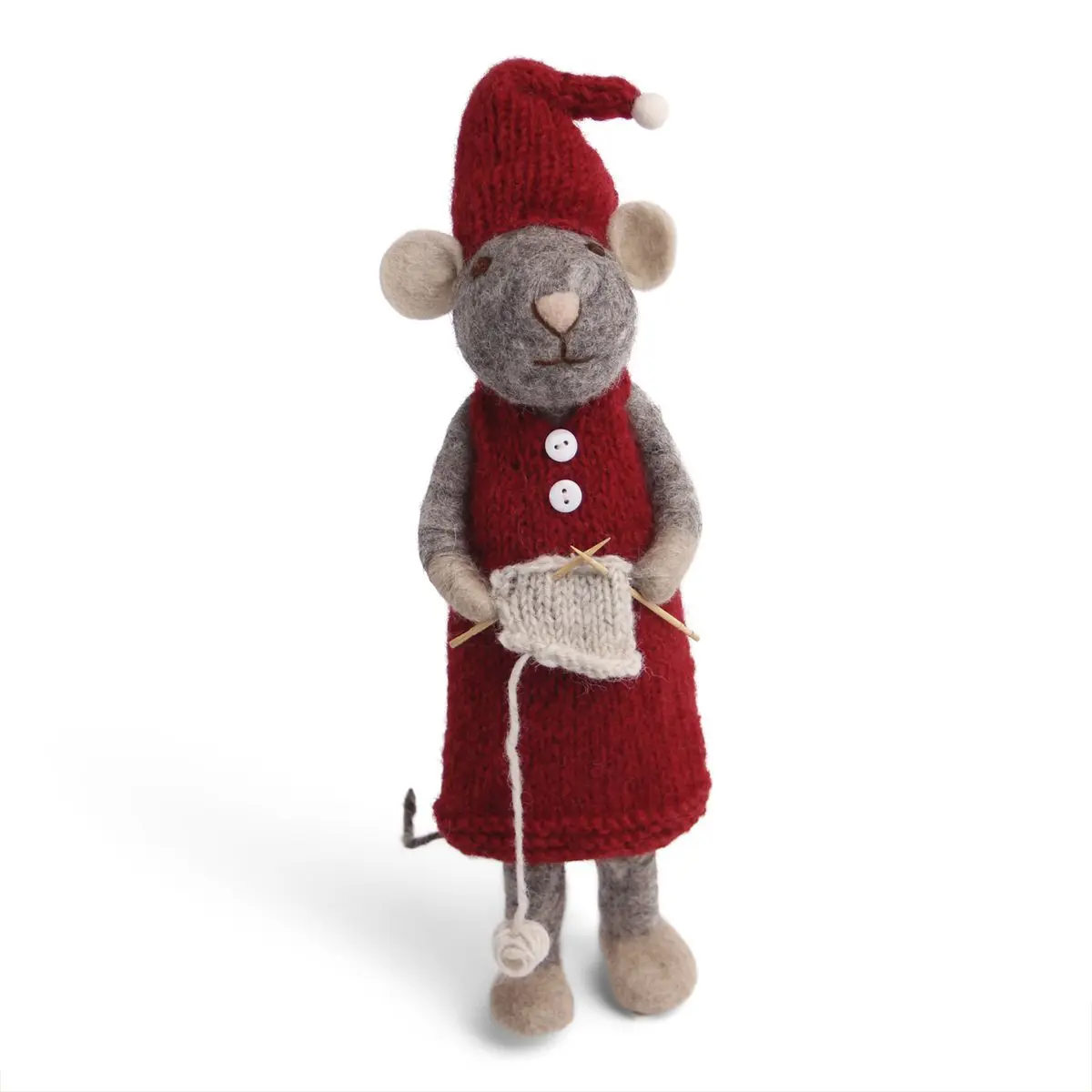 Gry & Sif Weihnachtsmaus „graue Maus / Strickzeug und rotes Kleid“ 27cm