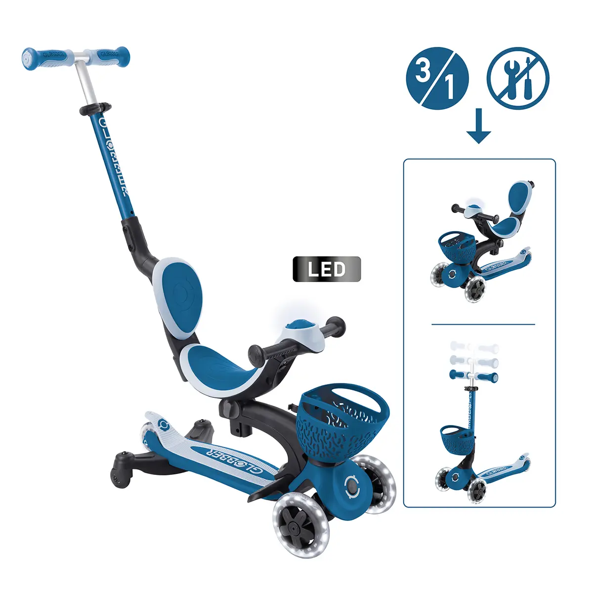 Globber 3-in-1 Roller Go-Up Baby Lights 360º mit Leuchtrollen – Petrol Blue, 15M-9J
