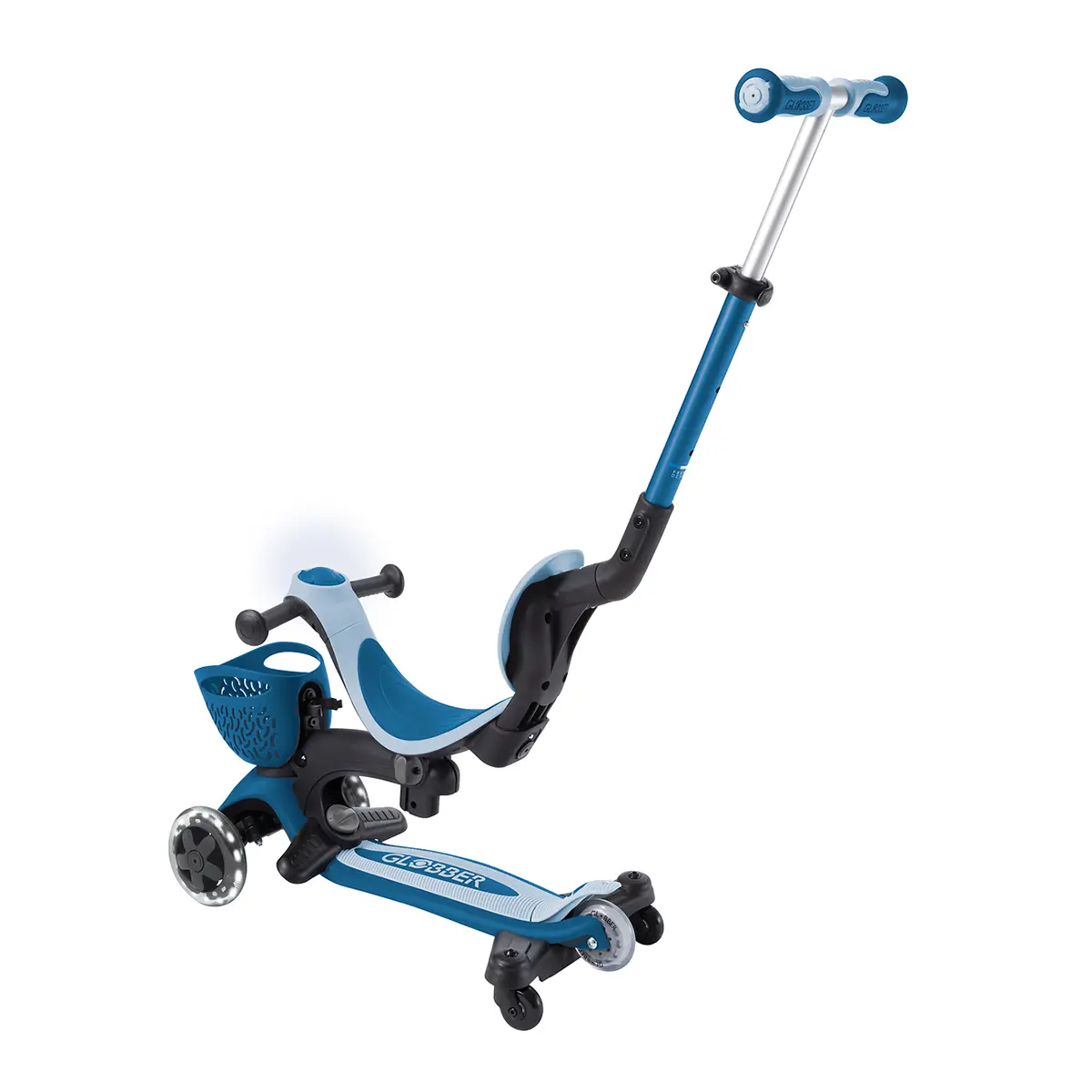 Globber 3-in-1 Roller Go-Up Baby Lights 360º mit Leuchtrollen – Petrol Blue, 15M-9J