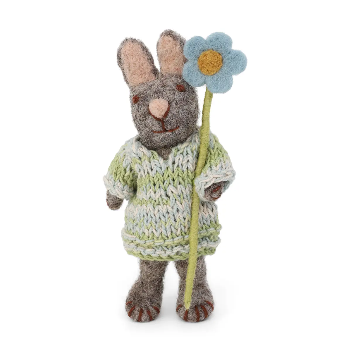 Gry & Sif Hasenfamilie „grauer Hase mit Kleid und blauem Windröschen“ H13cm