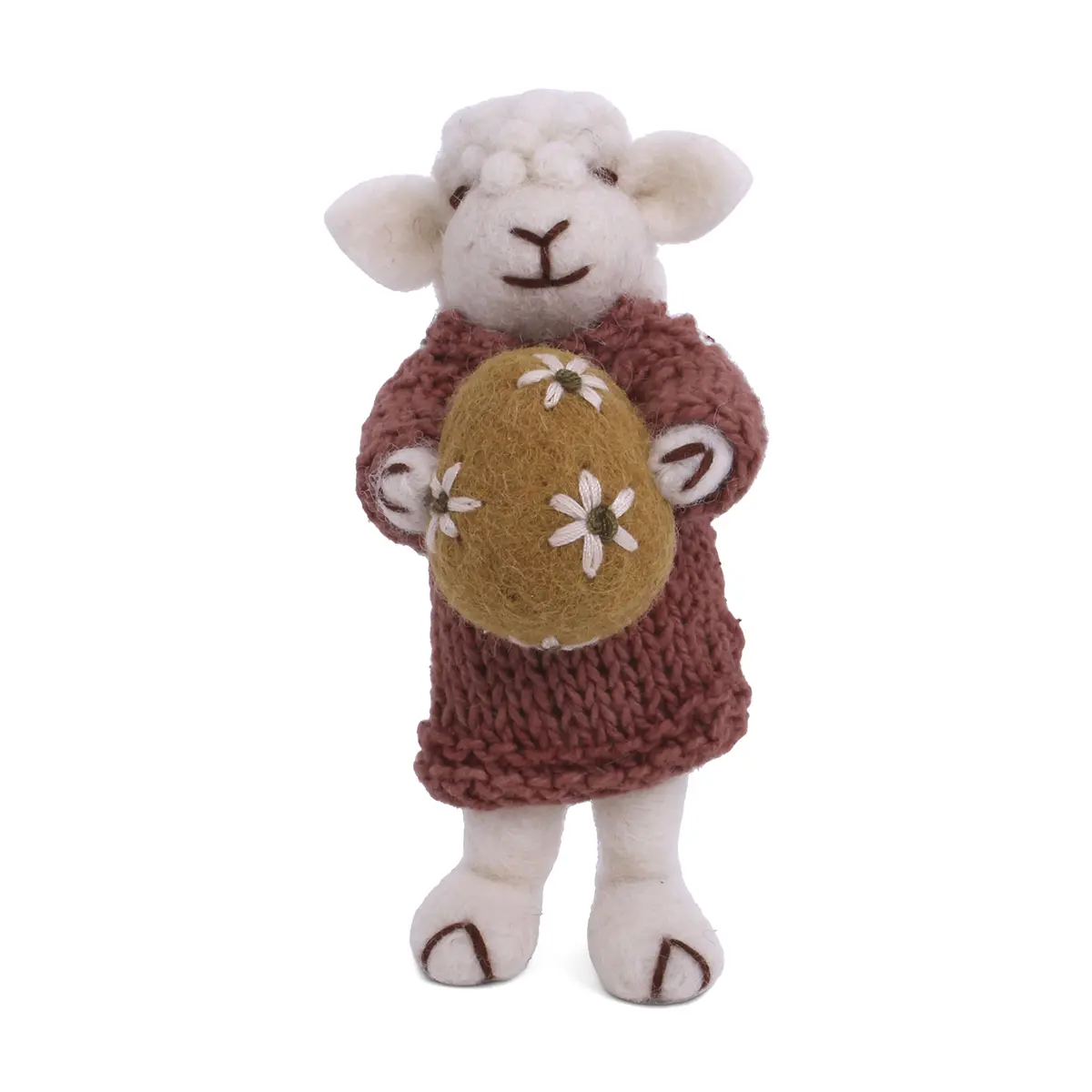 Gry & Sif Schaffamilie „weißes Schaf mit dunkelrotes Kleid und Osterei“ H11cm