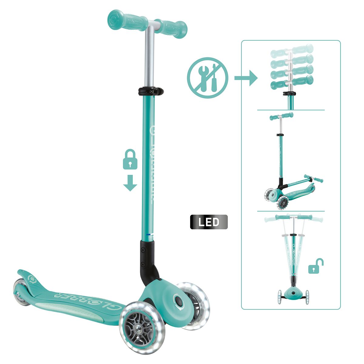 Globber Roller Primo Foldable Plus Lights mit Leuchtrollen – Dunkelmint-Mint, 3-9 Jahre