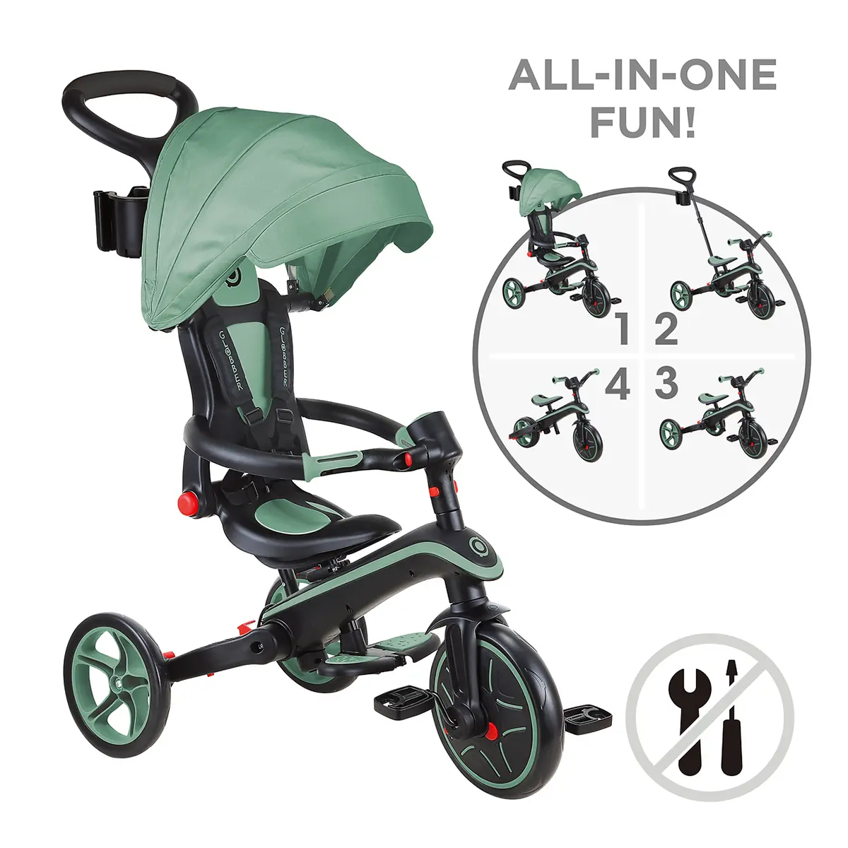 Globber Trike Explorer 4-in-1 – Olivgrün, faltbar, 10M-5J, mitwachsendes Dreirad