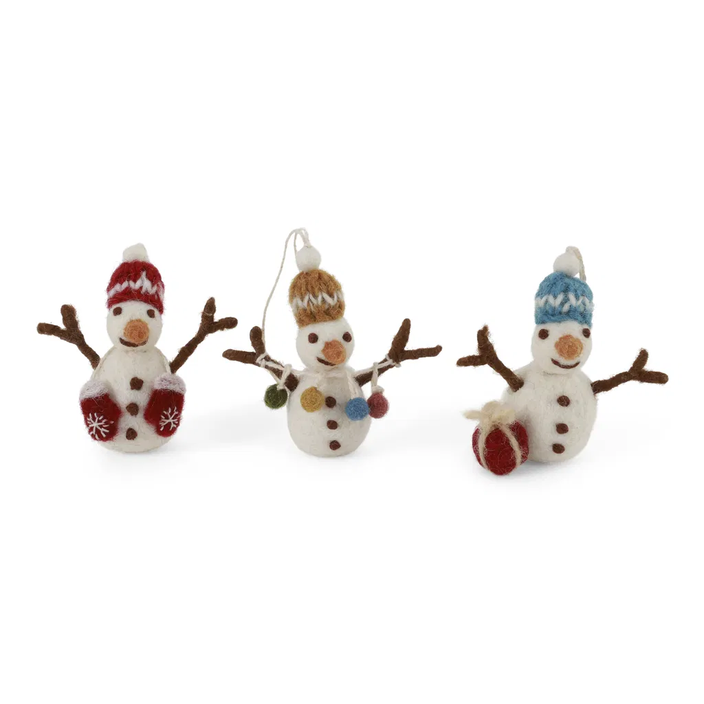 Gry & Sif Weihnachtsbaumschmuck „Schneemänner mit Strickmütze“ 3er-Set