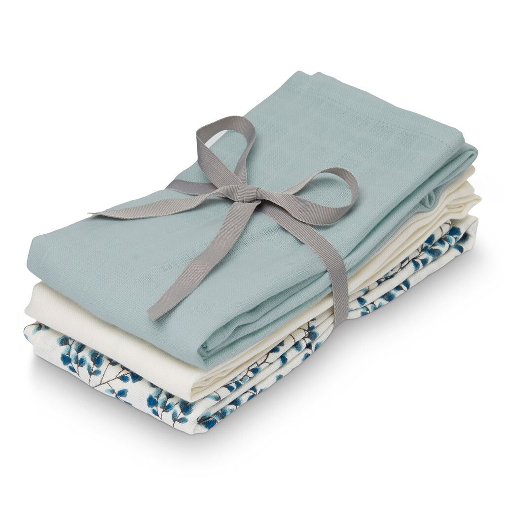 Cam Cam Mulltuch „Fiori, Petroleum, Creme White“, 3er-Set, GOTS, 70x70cm 01