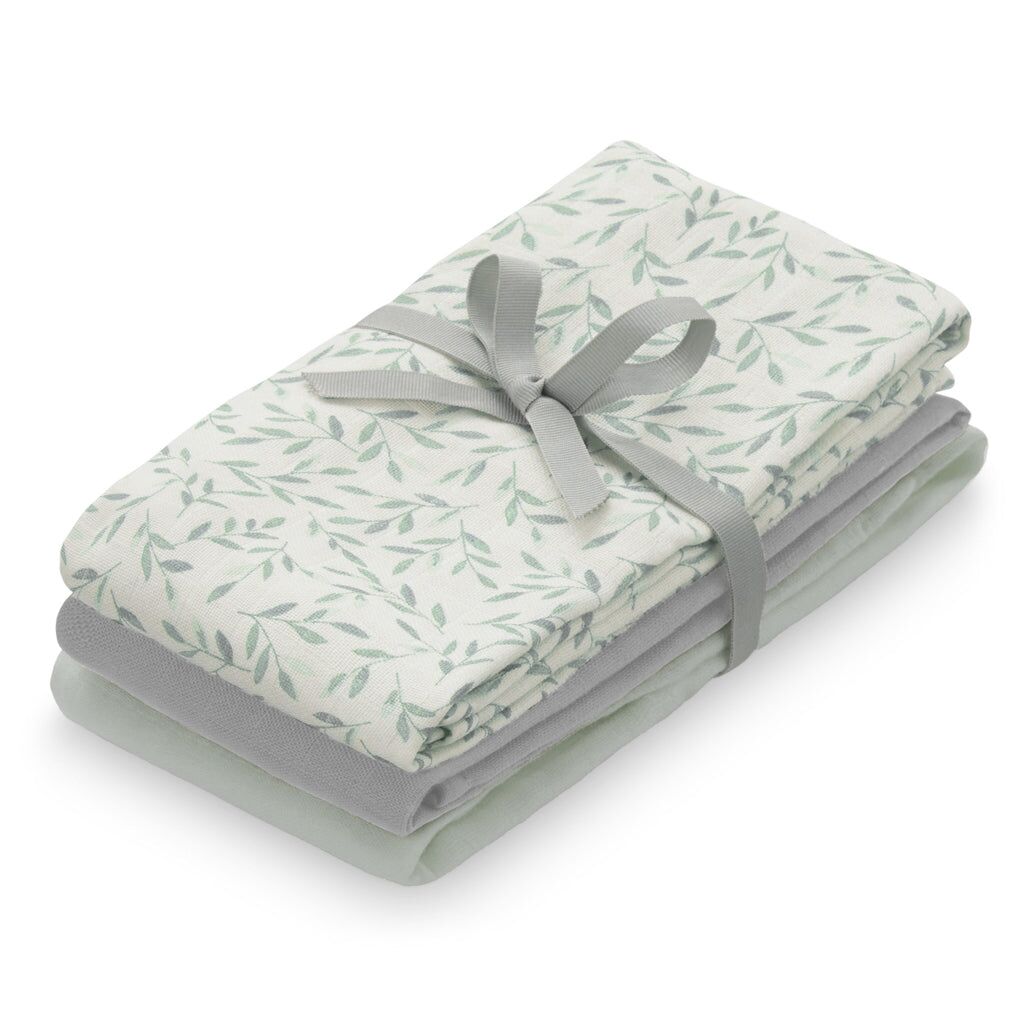 Cam Cam Mulltuch „Green Leaves, Dusty Green, Grey“, 3er-Set, GOTS, 70x70cm