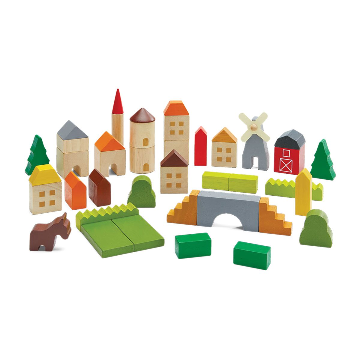 PlanToys Bauklötze-Set „Dorf“ aus Holz, 45-teilig