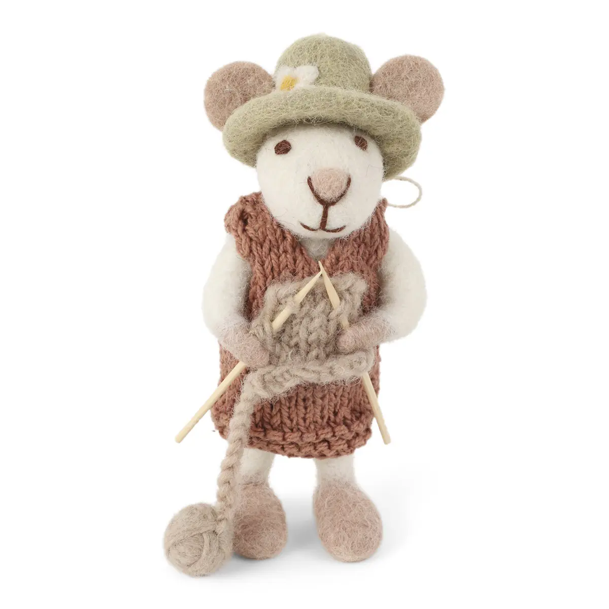 Gry & Sif Bauernmaus „weiße Maus / staurotes Kleid und Strickzeug“ 11cm
