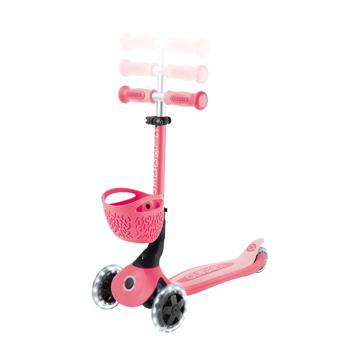 Globber 3-in-1 Roller Go-Up Baby Lights 360º mit Leuchtrollen – Coral Pink, 15M-9J