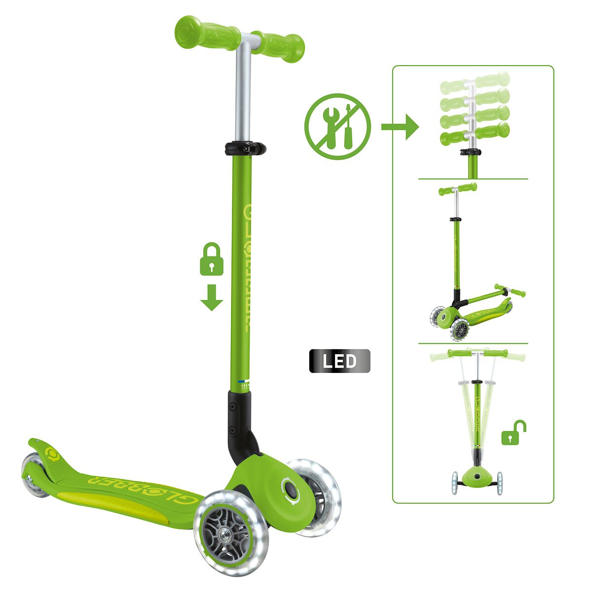 Globber Roller Primo Foldable Plus Lights mit Leuchtrollen – Grün-Lime Grün, 3-9 Jahre