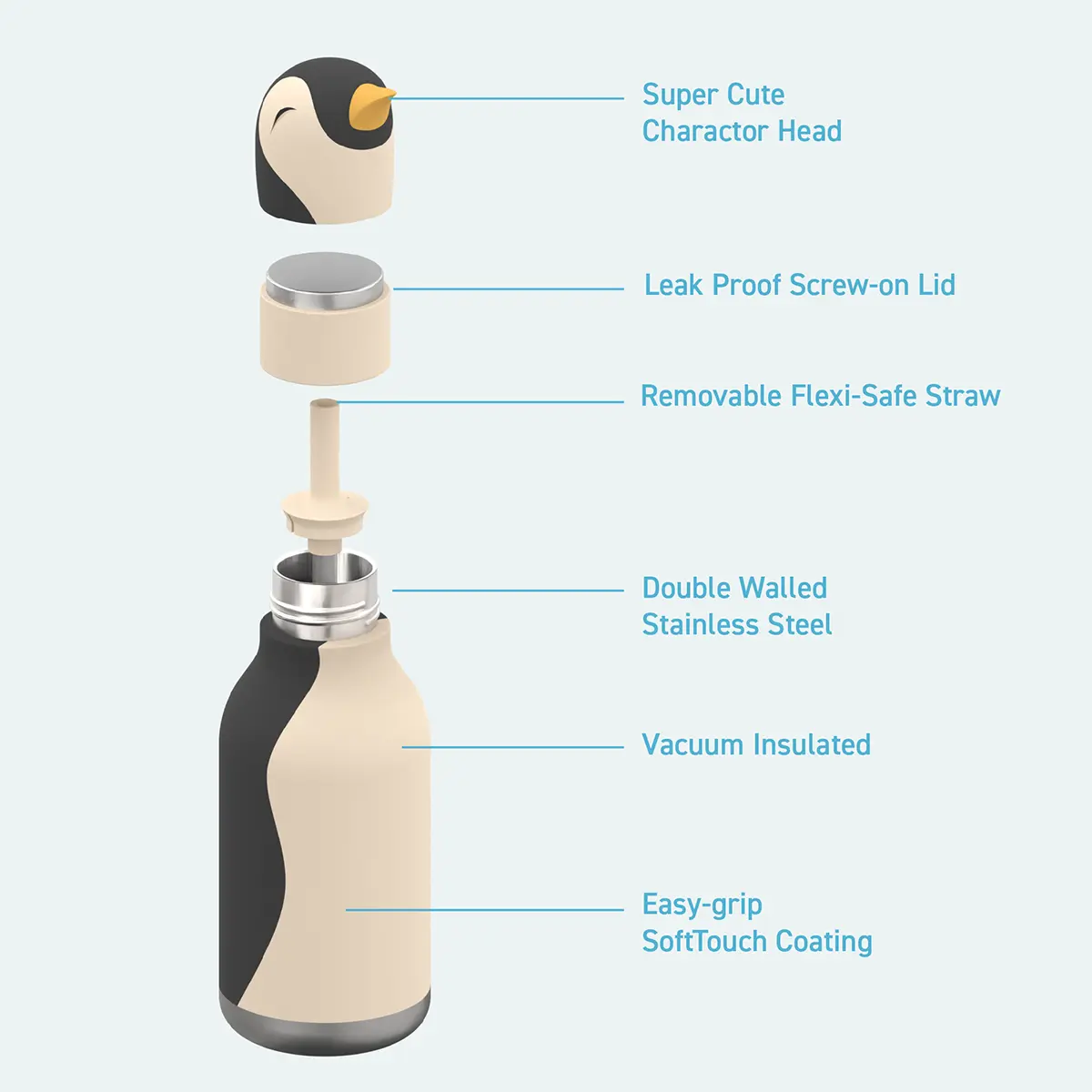 ASOBU Bestie Trinkflasche „Arlo der Pinguin“, 460 ml