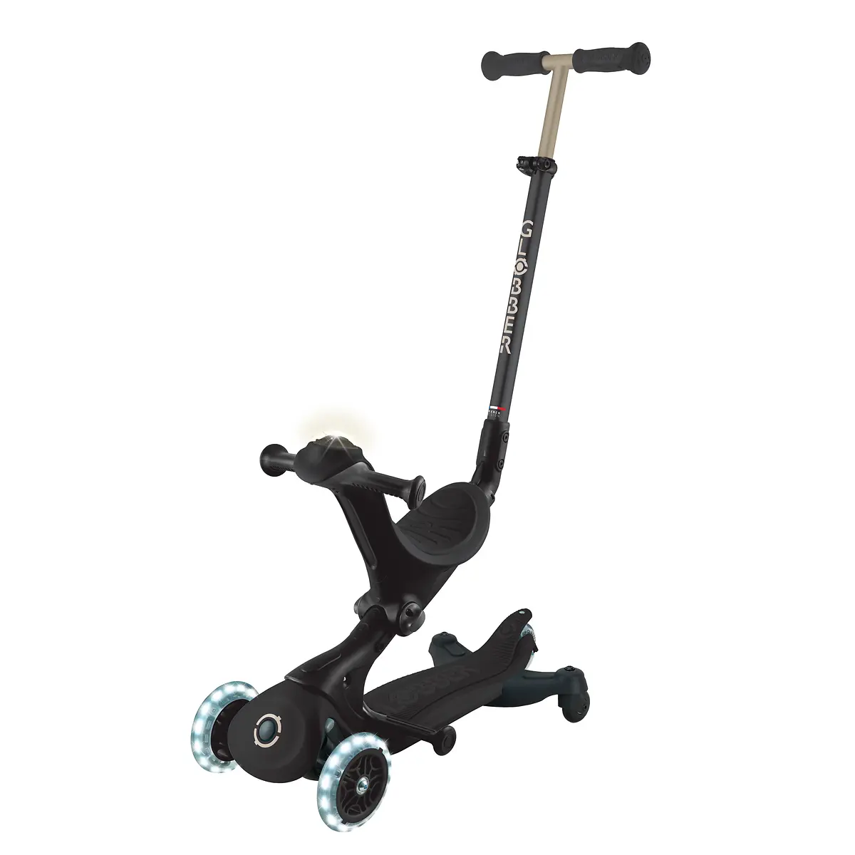 Globber 3-in-1 Roller Go-Up Deluxe Lights 360 Grad mit Leuchtrollen – Schwarz, Hinterradlenkung, 15M-9J