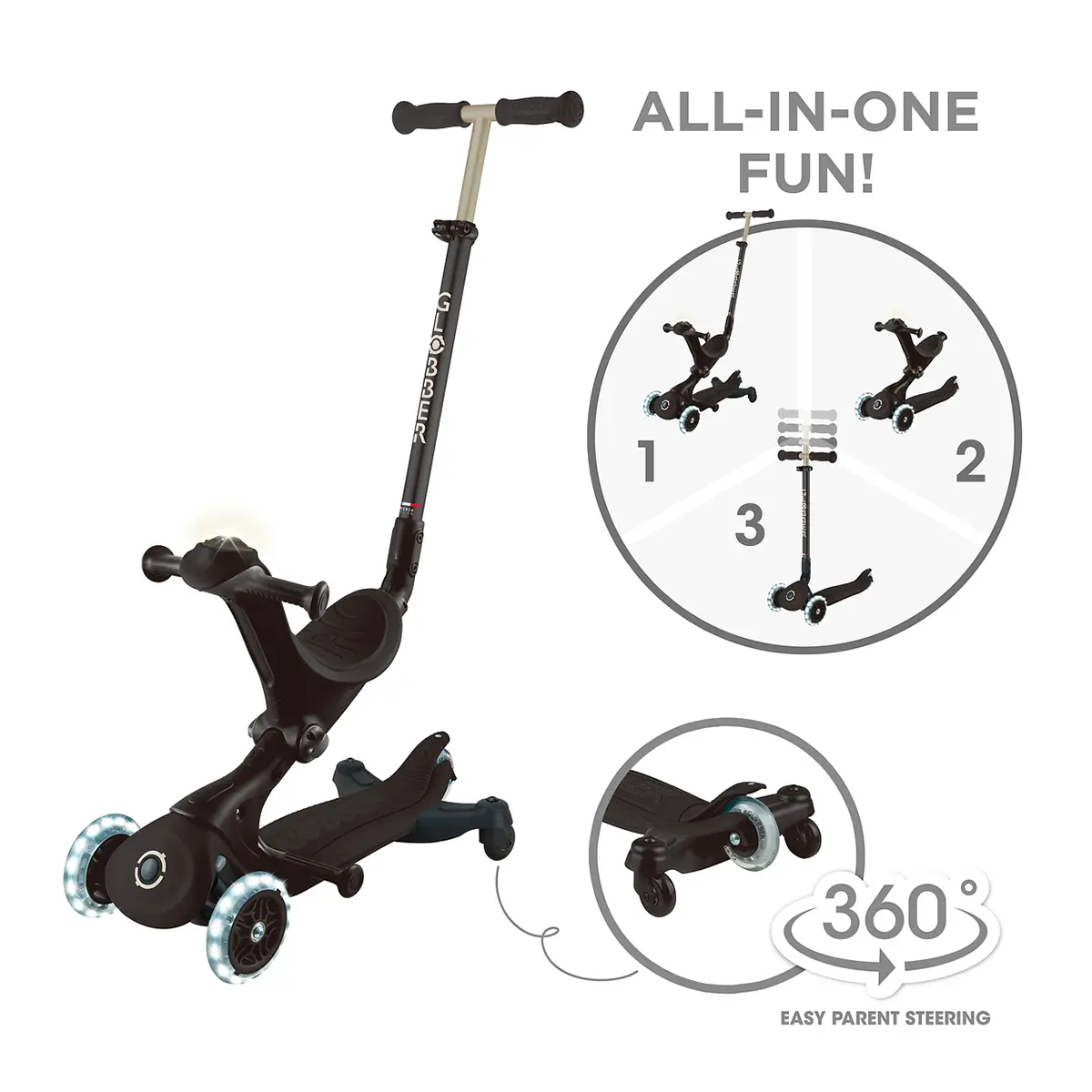 Globber 3-in-1 Roller Go-Up Deluxe Lights 360 Grad mit Leuchtrollen – Schwarz, Hinterradlenkung, 15M-9J