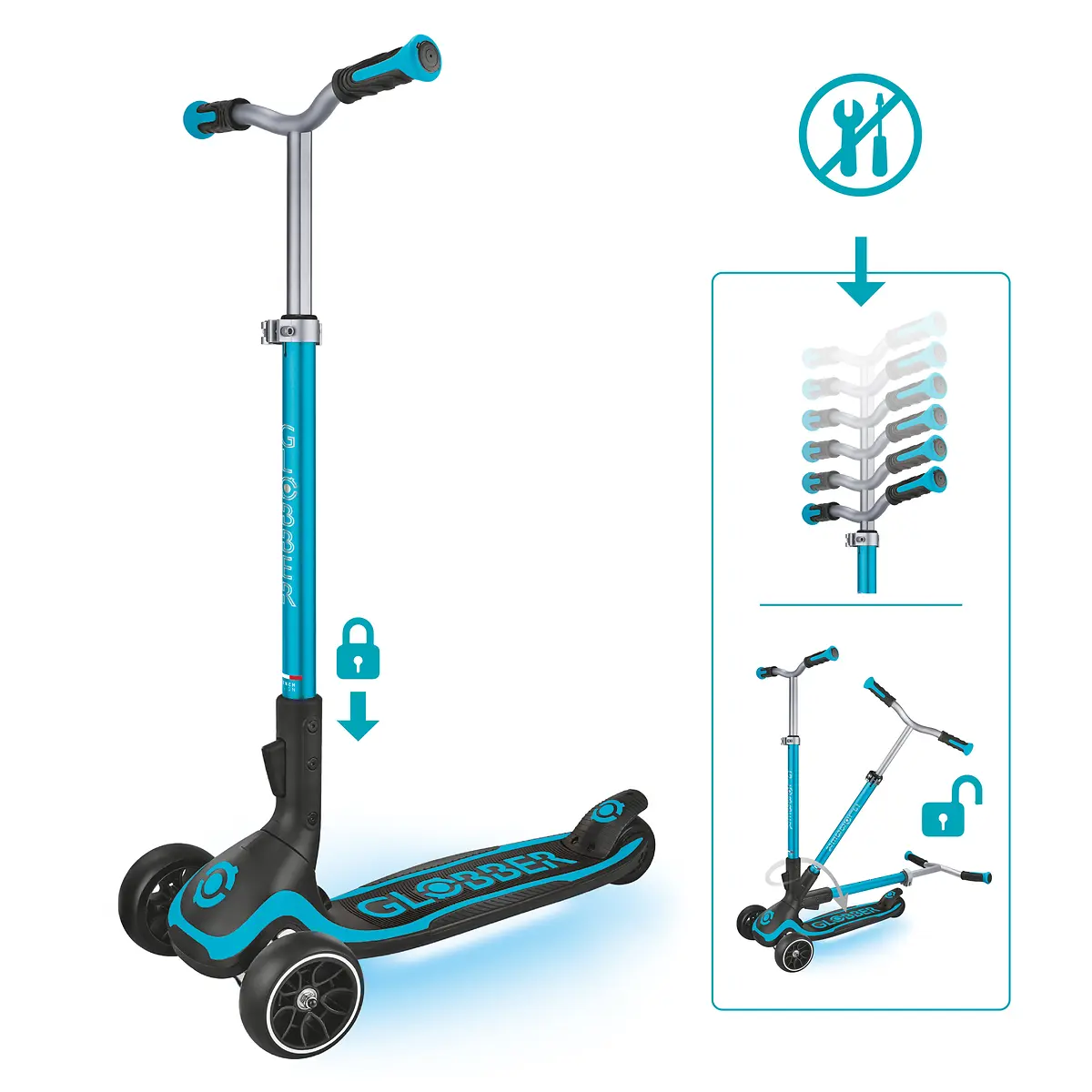 Globber Roller Ultimum Lights mit Leuchtmodul – Blau, 12 Licht-Programme, 5-99 Jahre, bis 100kg
