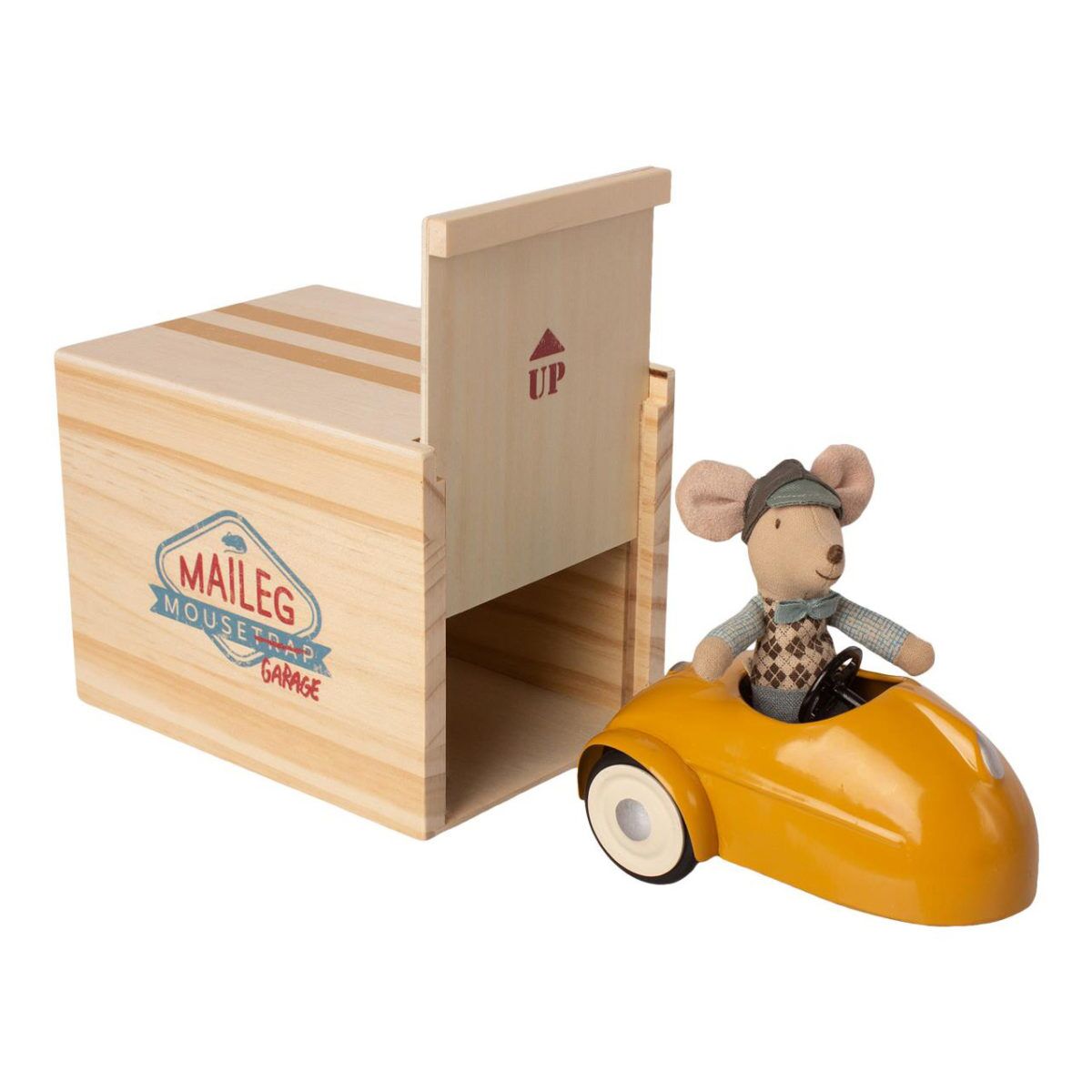 Maileg Oldtimer-Set mit Little Brother Maus und Holzgarage, gelb