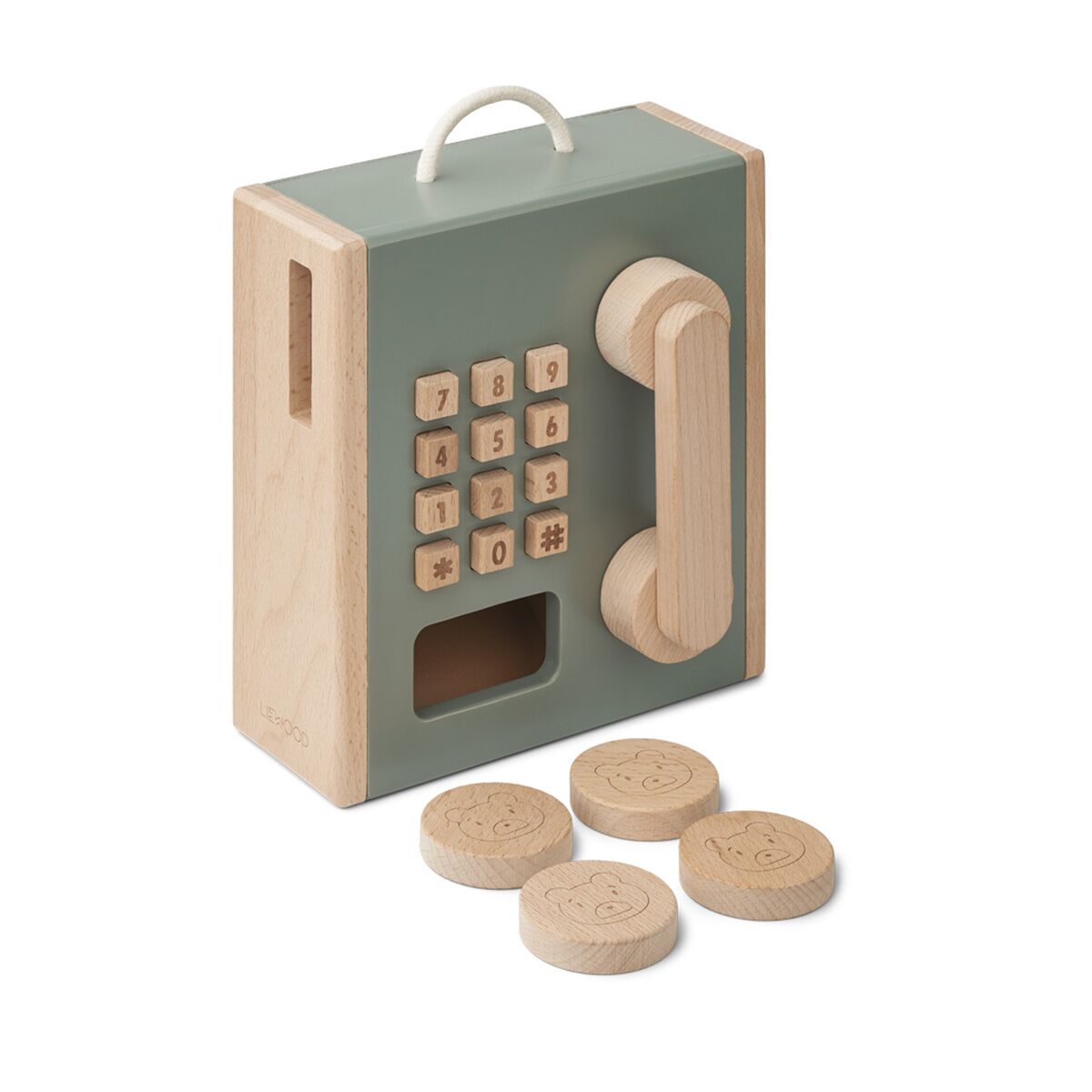 Liewood Spielzeug-Münztelefon Rufus „Faune green / Golden caramel mix“, Buchenholz