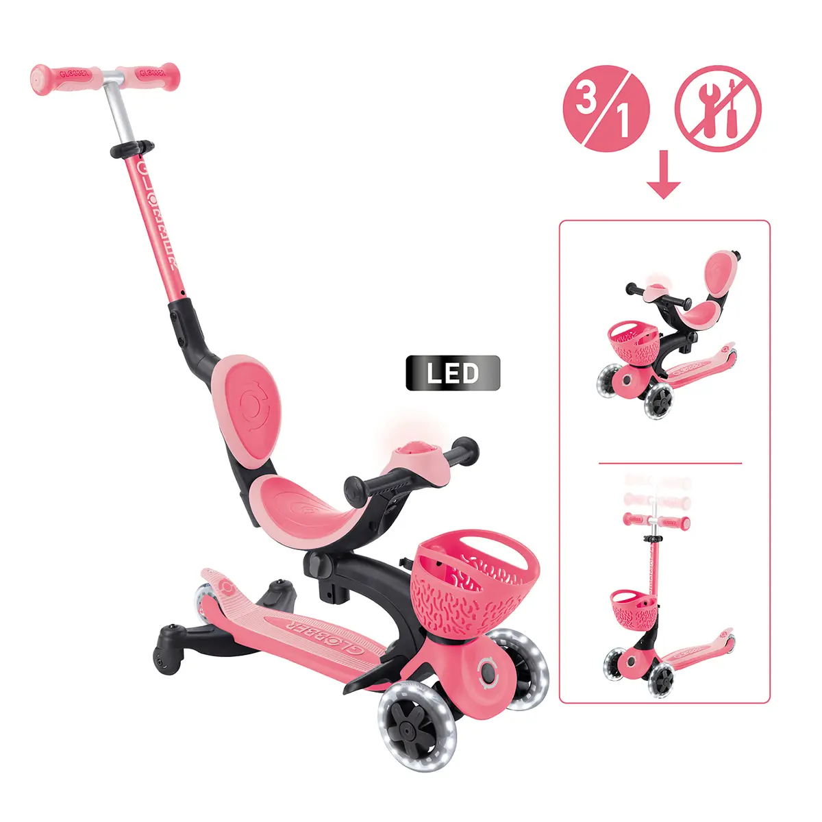 Globber 3-in-1 Roller Go-Up Baby Lights 360º mit Leuchtrollen – Coral Pink, 15M-9J