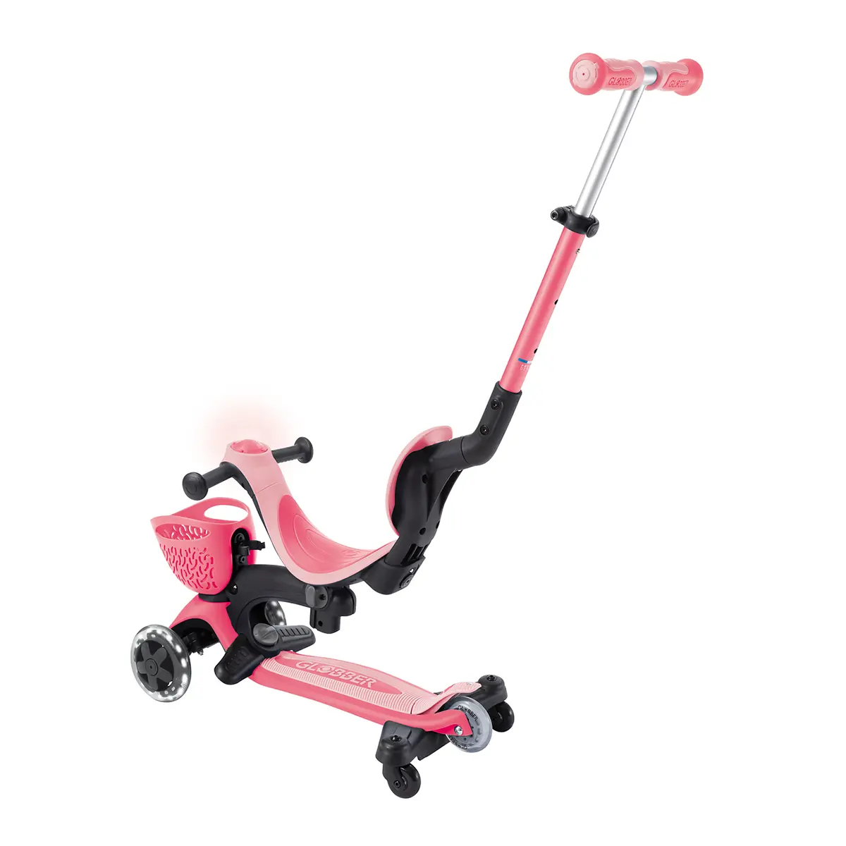 Globber 3-in-1 Roller Go-Up Baby Lights 360º mit Leuchtrollen – Coral Pink, 15M-9J