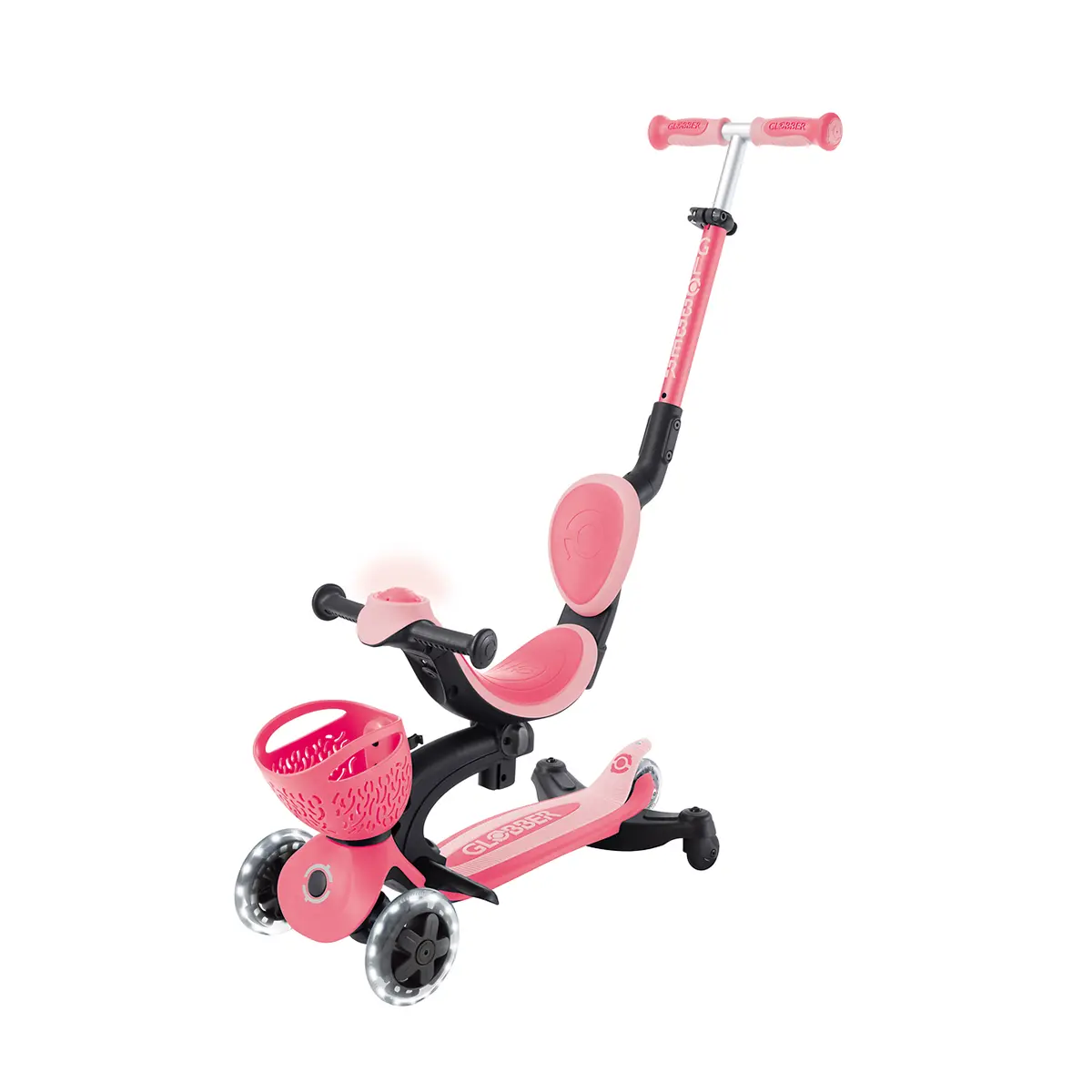 Globber 3-in-1 Roller Go-Up Baby Lights 360º mit Leuchtrollen – Coral Pink, 15M-9J