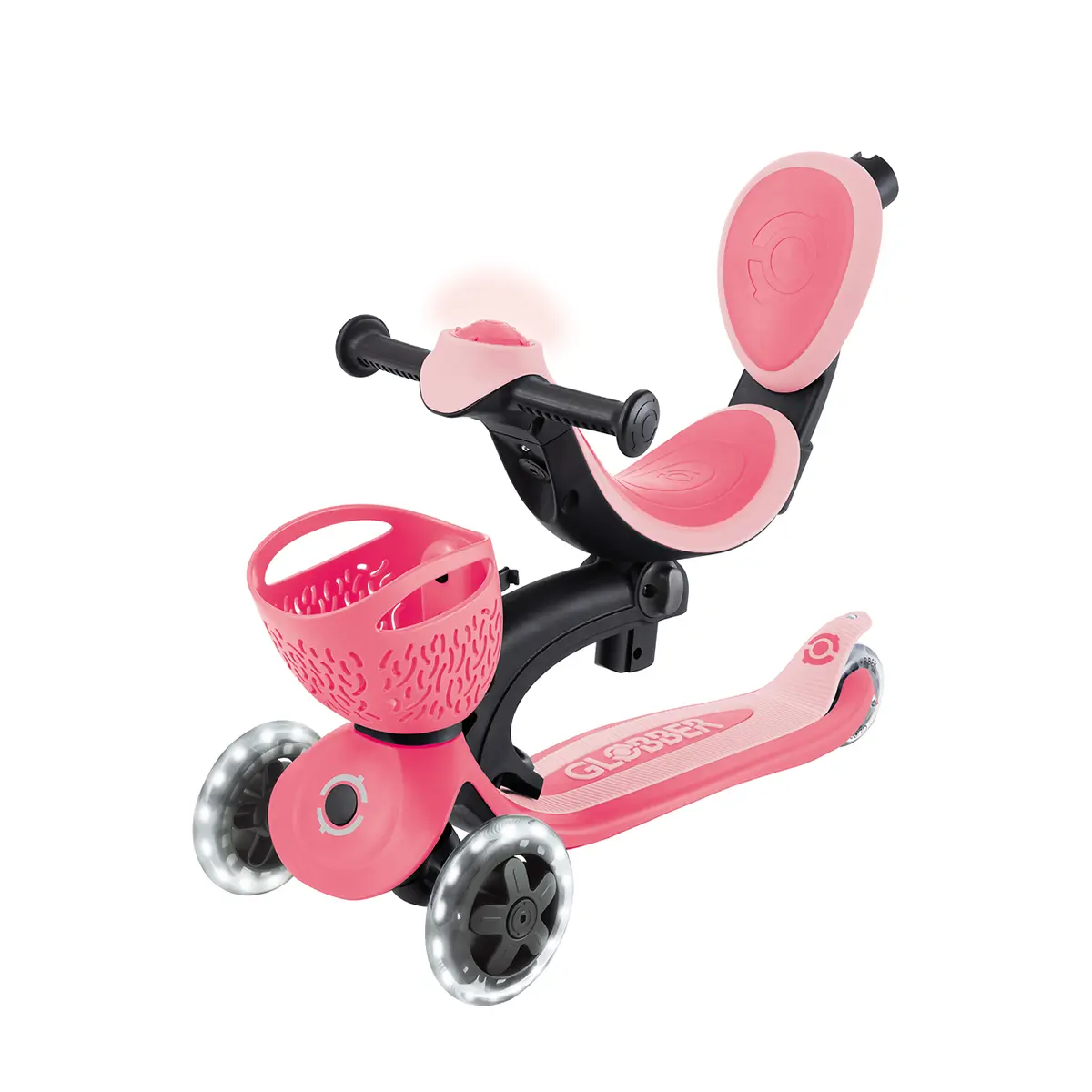 Globber 3-in-1 Roller Go-Up Baby Lights 360º mit Leuchtrollen – Coral Pink, 15M-9J