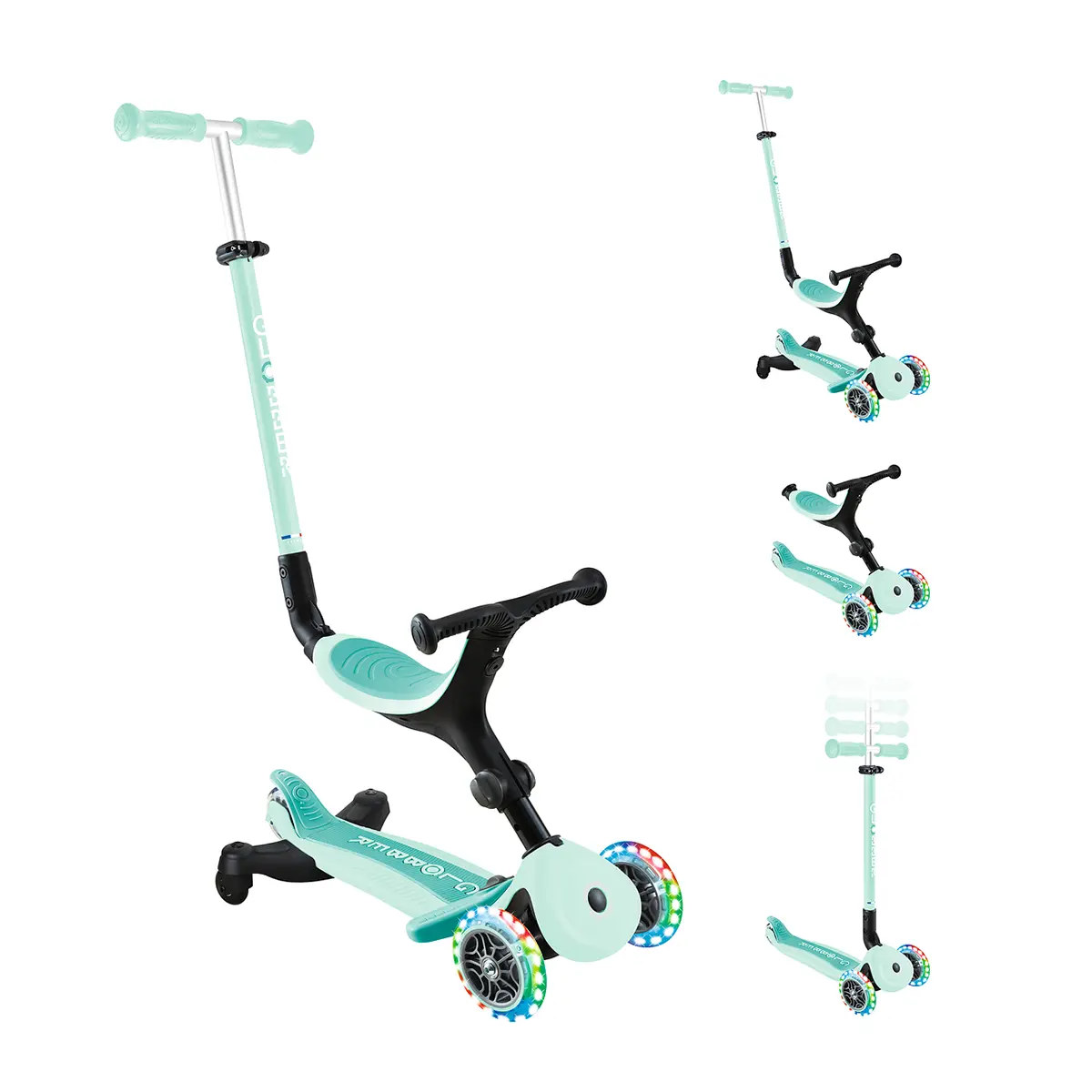 Globber 3-in-1 Roller Go-Up Active Lights 360 Grad mit Leuchtrollen – Mint, Hinterradlenkung, 15M-9J