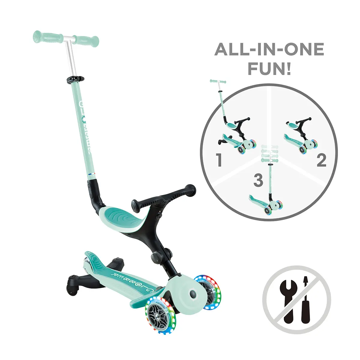 Globber 3-in-1 Roller Go-Up Active Lights 360 Grad mit Leuchtrollen – Mint, Hinterradlenkung, 15M-9J