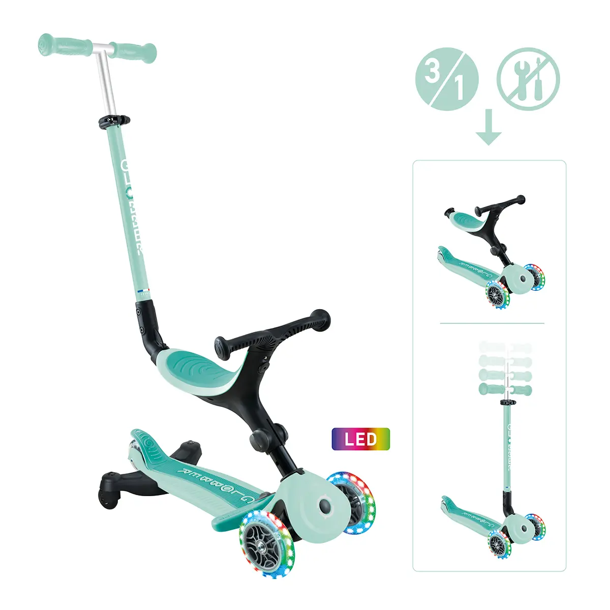Globber 3-in-1 Roller Go-Up Active Lights 360 Grad mit Leuchtrollen – Mint, Hinterradlenkung, 15M-9J