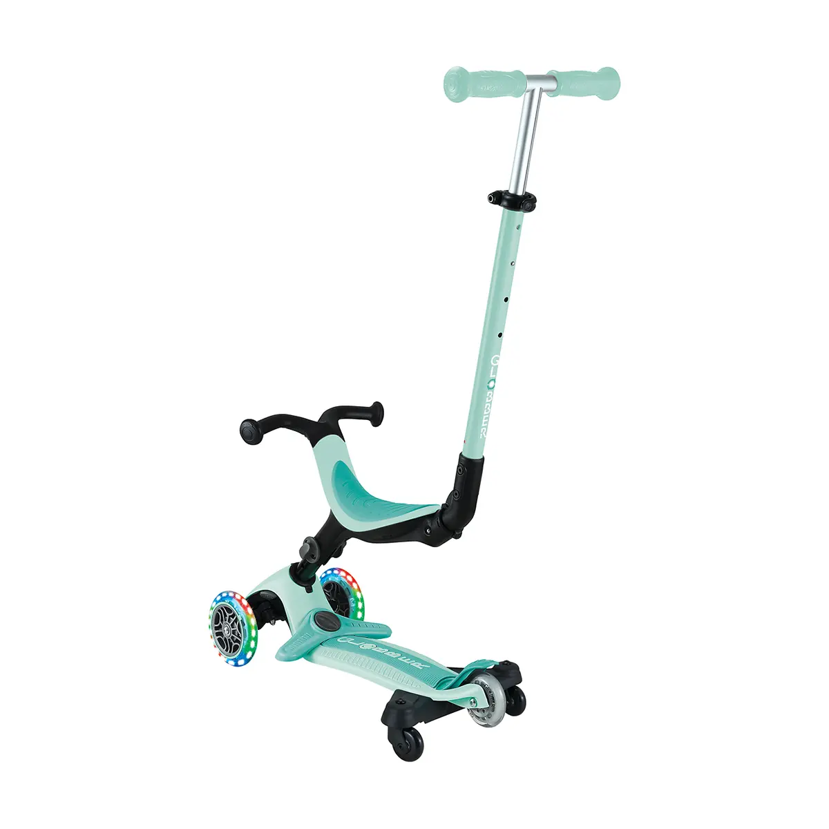 Globber 3-in-1 Roller Go-Up Active Lights 360 Grad mit Leuchtrollen – Mint, Hinterradlenkung, 15M-9J