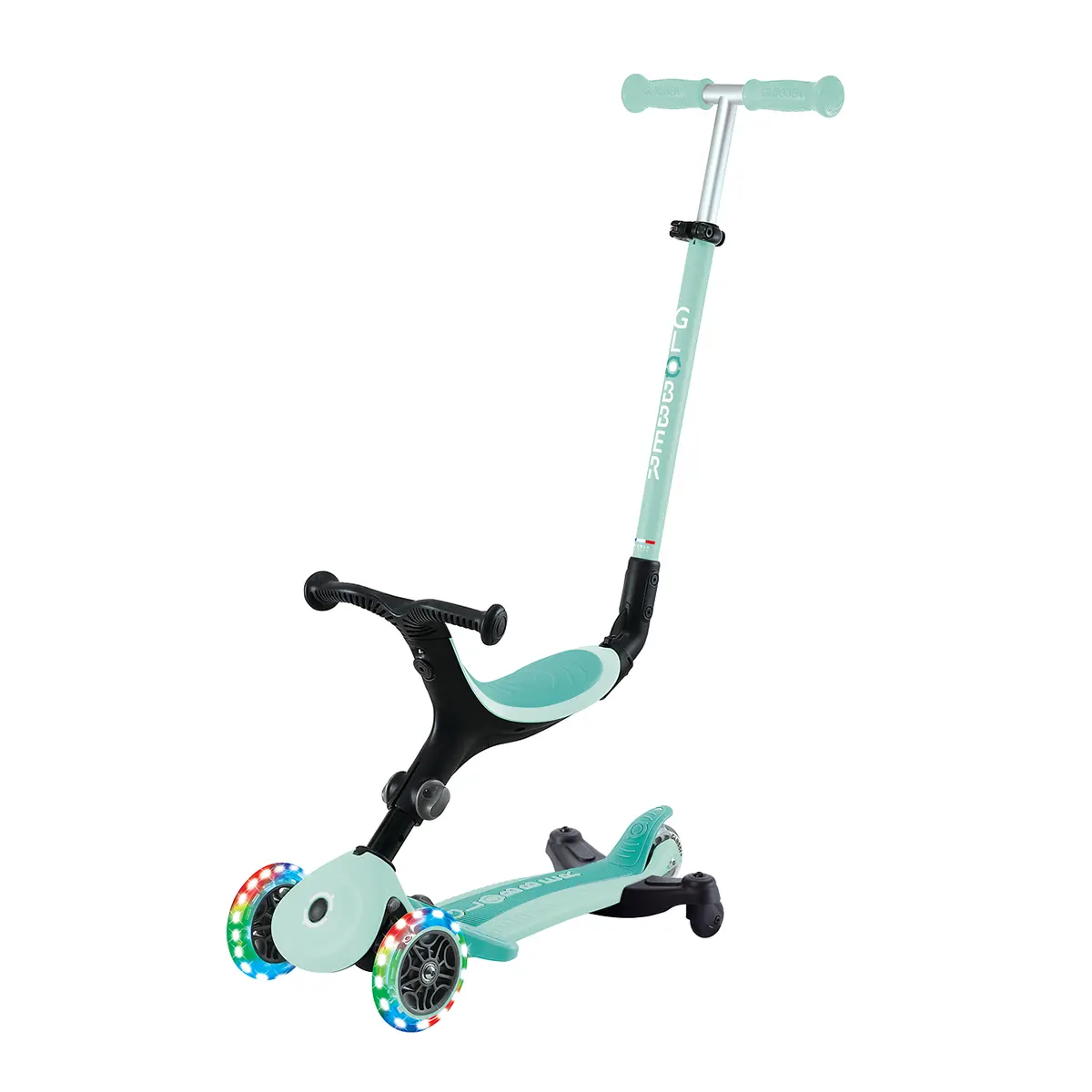 Globber 3-in-1 Roller Go-Up Active Lights 360 Grad mit Leuchtrollen – Mint, Hinterradlenkung, 15M-9J