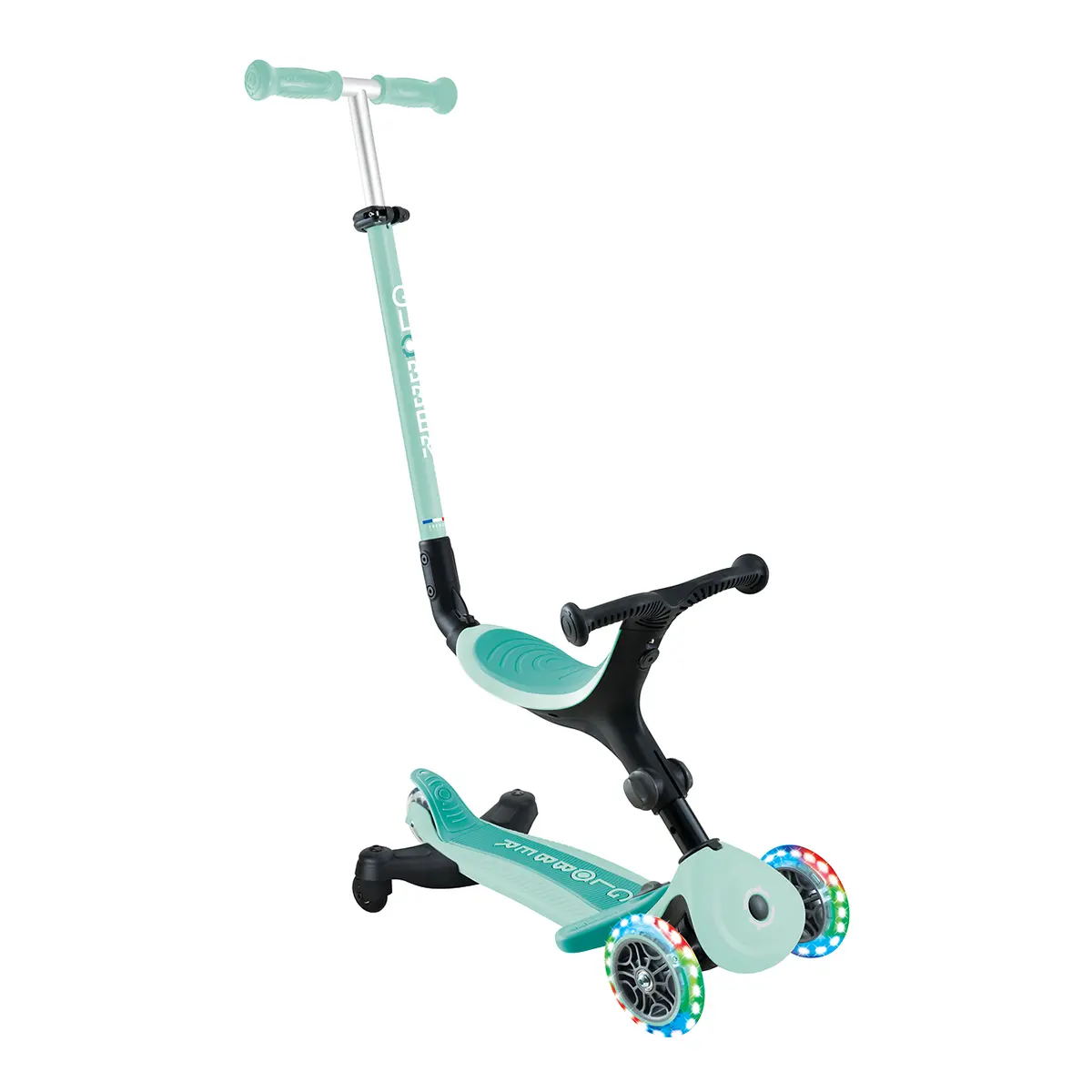 Globber 3-in-1 Roller Go-Up Active Lights 360 Grad mit Leuchtrollen – Mint, Hinterradlenkung, 15M-9J