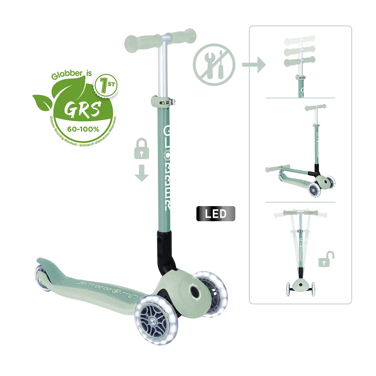 Globber Roller Primo Foldable Lights ECO mit Leuchtrollen – Pistazie, 3-9 Jahre