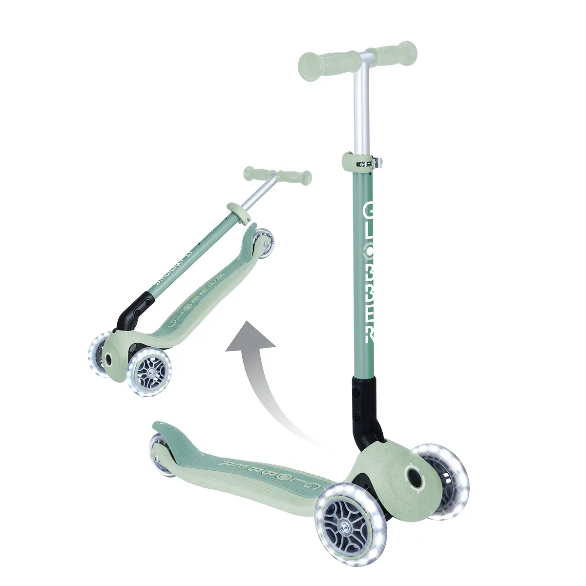 Globber Roller Primo Foldable Lights ECO mit Leuchtrollen – Pistazie, 3-9 Jahre