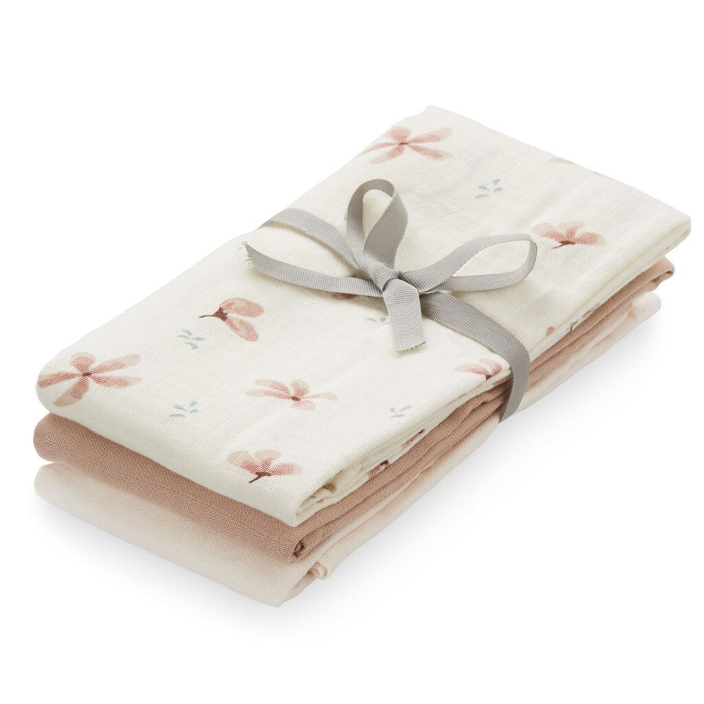 Cam Cam Mulltuch „Windflower Creme, Dusty Rose, Powder“, 3er-Set, GOTS, 70x70cm 01