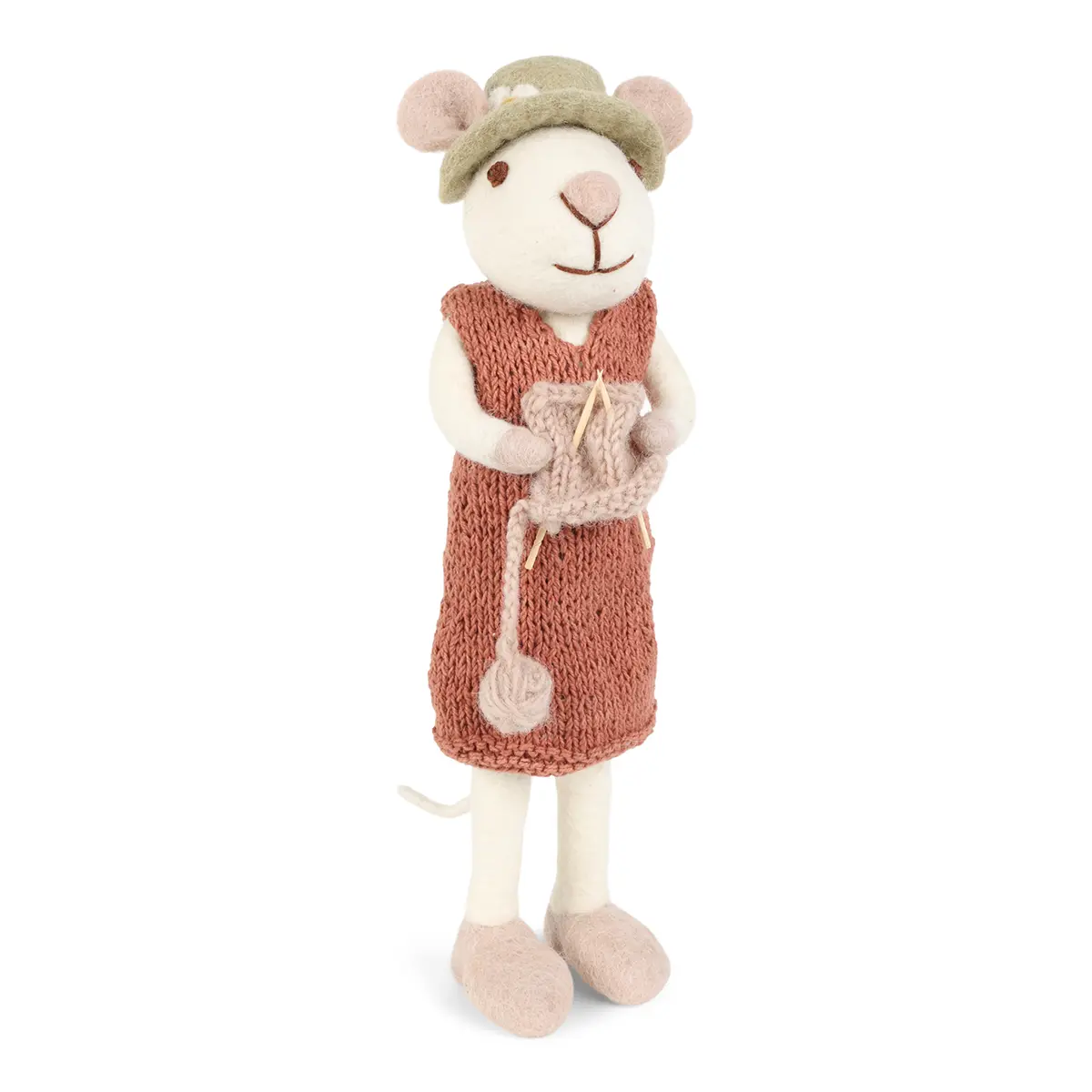 Gry & Sif Weihnachtsmaus „weiße Maus : staurotes Kleid und Strickzeug“ 27cm