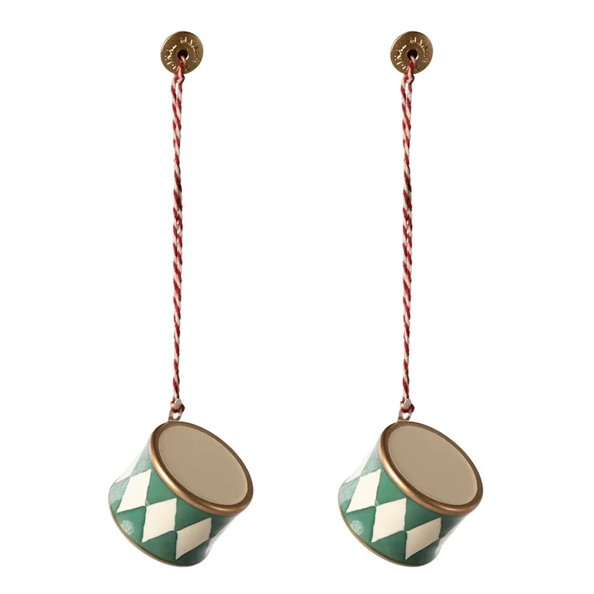 Maileg Weihnachtsbaumschmuck 2er-Set Metall Trommel „dunkelgrün“ 2,5cm