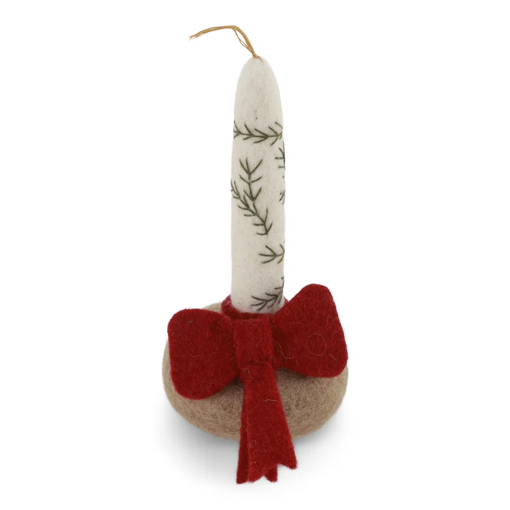 Gry & Sif „Kerze und Kerzenhalter mit Schleife und Stickerei, rot“ H12cm