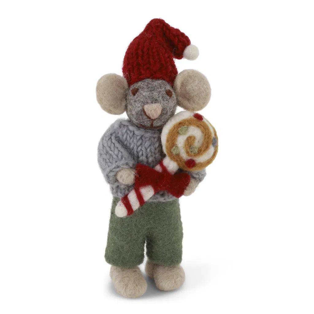 Gry & Sif Weihnachtsmaus „graue Maus / Junge mit Lolli“ 12cm